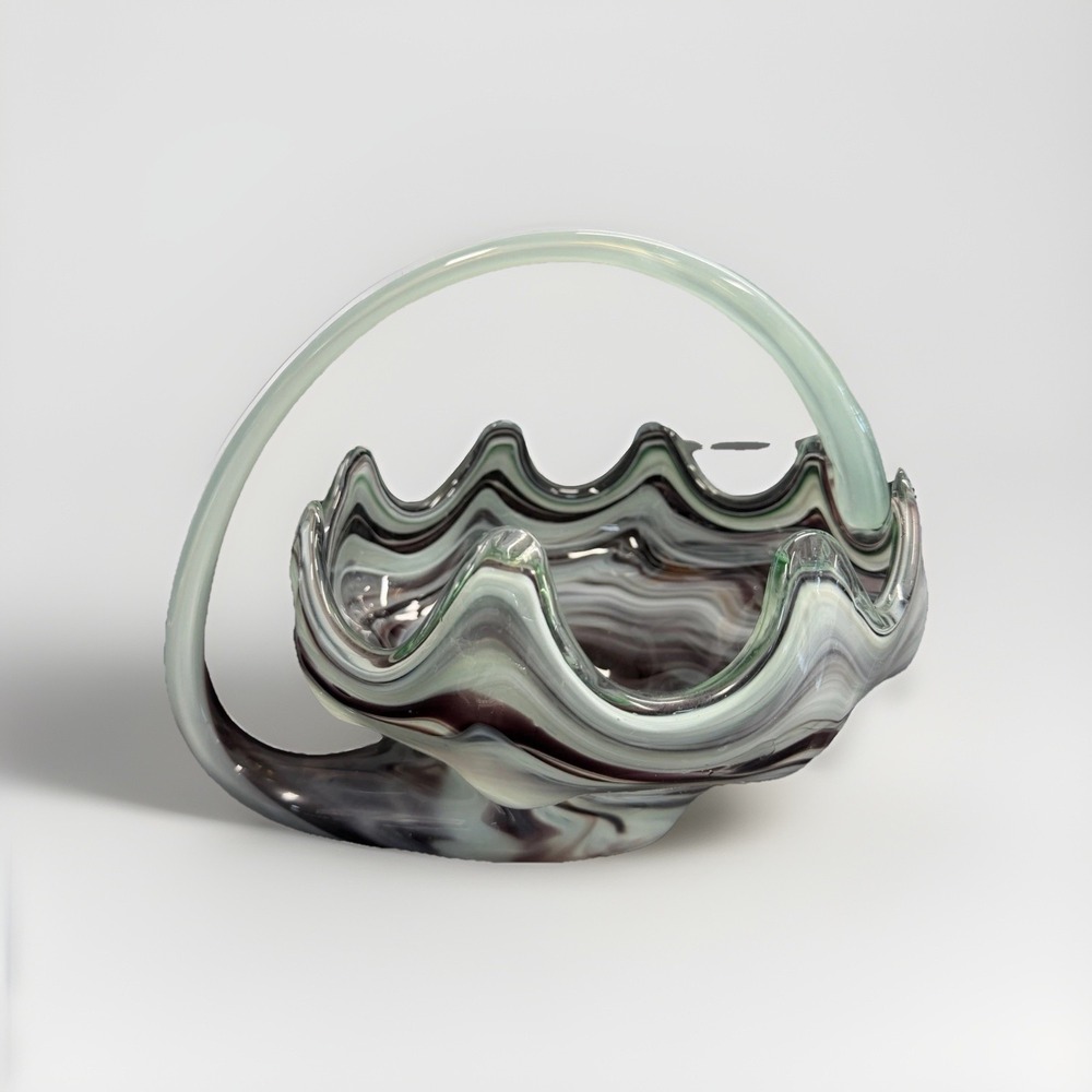 Vintage Murano Style Art Glass‎ Basket Bowl Ruffled Rim Swirl Handle 11"